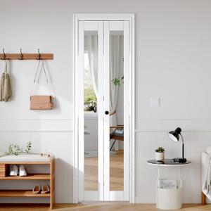 FREDBECK Preassembled Bifold Mirrored Barn Doors for 24x80 Opening,Interior folding Closet Door and Hardware Kit Included, PVC Surface, White,for Pantry,Laundry Room