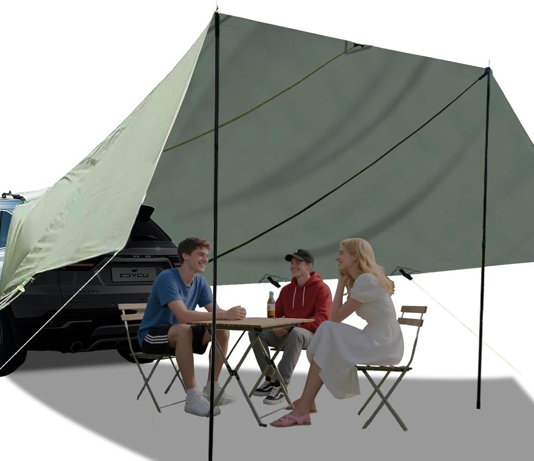 Waterproof Car Awning for SUV, UV-Resistant Truck Canopy with 3 Poles, Large Tailgate Car Camping Awning Universal Suitable for Most SUVs, Trucks, Van(Green)