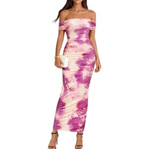 BTFBM Cocktail Dresses for Women 2026 Elegant Classy Off Shoulder Bodycon Mesh Slit Floral Maxi Spring Summer Dress (XXL)