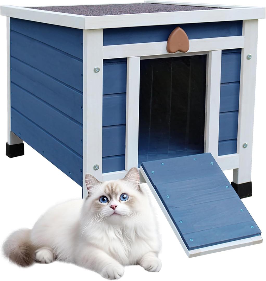 Rockever Outdoor Cat House,Outdoor cat Houses for Feral Cats Weatherproof Rabbit Hutch Small, Wooden Small Pet House and Habitats-Blue