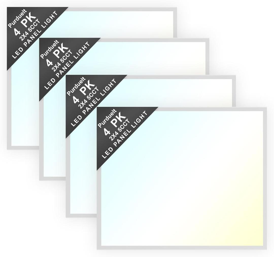 4 Pack 2x2 LED Flat Panel Light Drop Ceiling Office Fixture 5 CCT 3000K-6500K Adjustable & 5 Wattage 15W-20W-30W-40W-50W Selectable, 0-10V Dimmable，led Drop Ceiling Flat Panel troffer Light