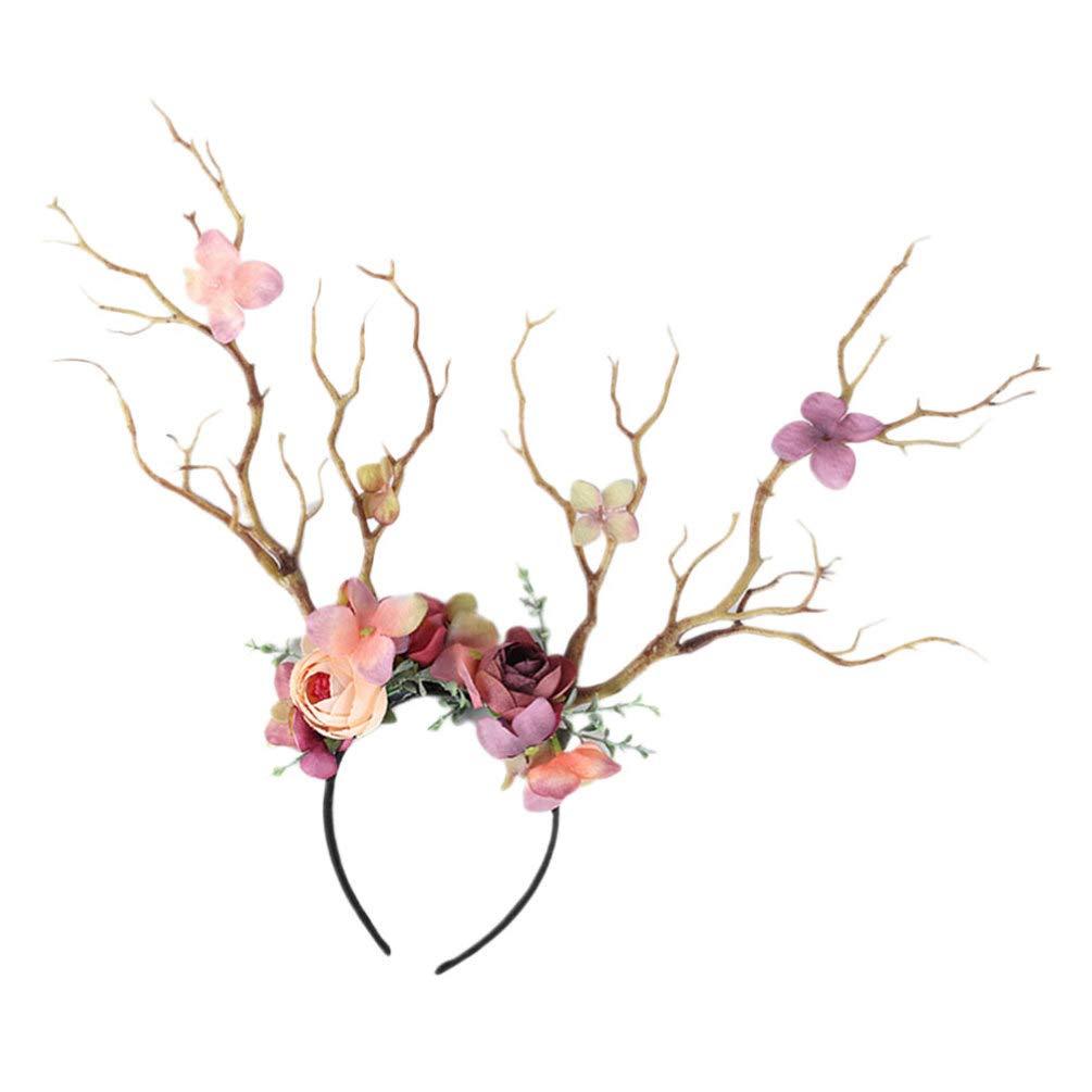 Deer Antler Flower Headband Christmas Reindeer Antlers Headband Tree Branch Hair Hoop Headdress Hair Accessories for Women Girl Xmas Party Favor Light coffee