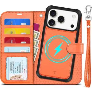 TUCCH Detachable Case Wallet for iPhone 17 Pro (6.3") 2025, Wrist Strap | 4 Card Slots RFID Blocking | Wireless Charging | Stand | 2-in-1 Magnetic | PU Leather | Shockproof Folio Cover | Orange