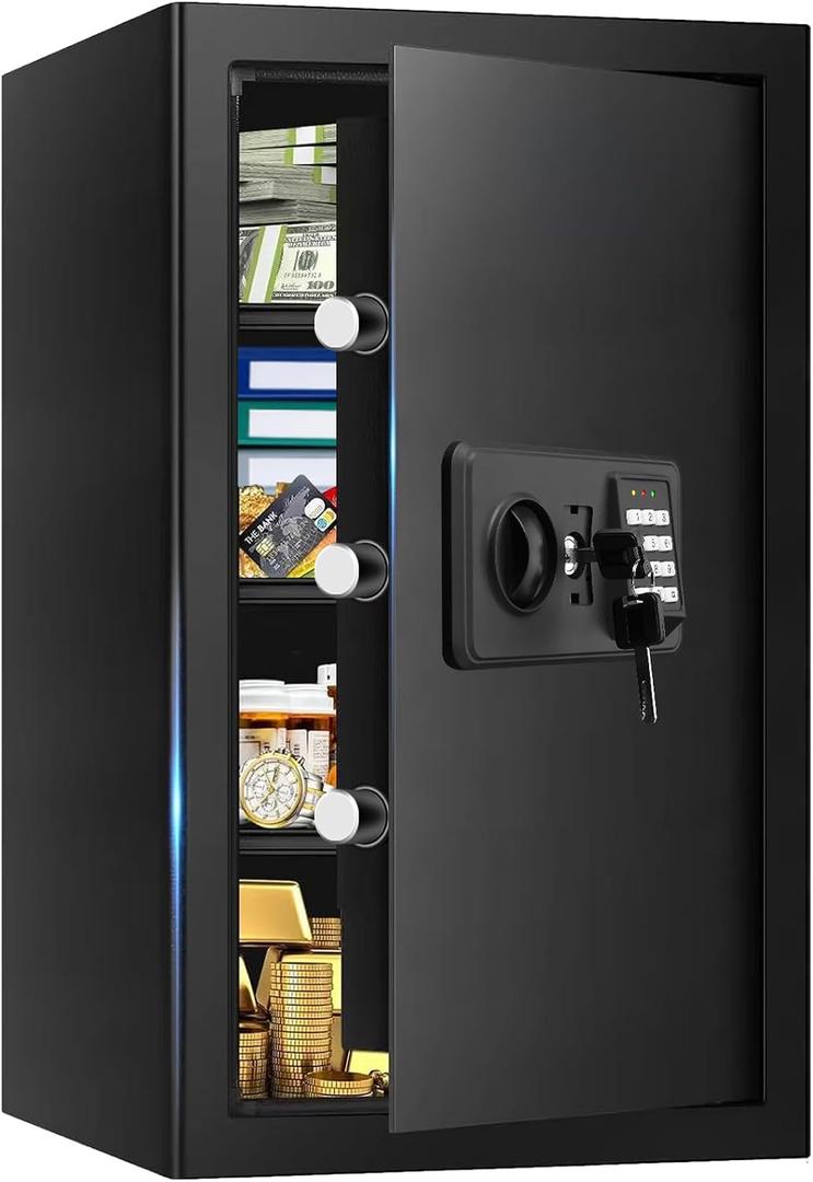 5.1 Cuft Large Home Safes Water and Fireproof with Digital Keypad & Key Lock, Fire Security Safes with 3 Removable Shelves, Anti-Pry Safe Box for Money Documents Jewelry, 23.62"H x14.96"W x 12.2"D