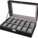WBPU12-03 Watch Dislpay Box Organizer, Pu Leather with Glass Top, Large, Black