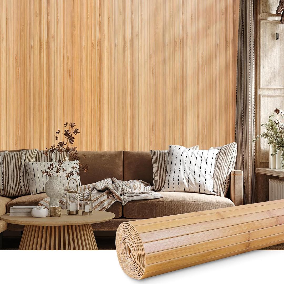 FONUNO Bamboo Wall Panel for Interior Decoration Bamboo Pole Wrap Roll Natural Wainscoting Paneling Decorative Wall Slat Covering for Living Room, Bedroom, Office (48 Inch x 96 Inch, Carbonized)