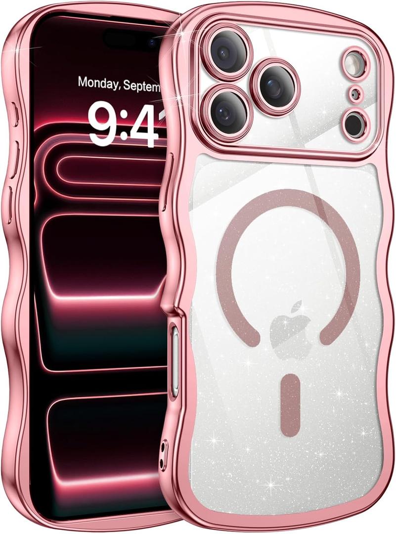 BENTOBEN Clear Glitter for iPhone 17 Pro Max Case 2025 [Compatible with MagSafe] Cute Curly Wavy Plated Anti-Slip Magnetic Hard Back Women Men Girls Boys Phone Cases Cover for 17 Pro Max 6.9", Pink