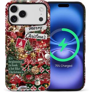 for iPhone 17 Pro Max Case for Women Girl Men Boy, Compatible with MagSafe, Shockproof Soft Silicone & Hard PC Shell Protective Case for 17 Pro Max - Winter Retro Christmas Collage Aesthetic