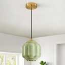 7" Vintage Green Glass Pendant Light, Brushed Brass Ceiling Fixture