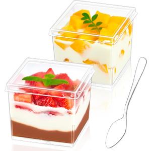 Zezzxu 50 Pack 5 oz Mini Square Dessert Cups with Lids and Spoons, Clear Plastic Parfait Cups Small Shooter Cups for Appetizer Puddings Mousse Ice Cream Fruit
