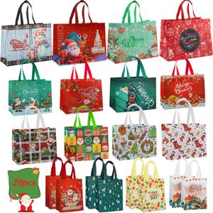euoloar 20 Pack Christmas Treat Gift Bags, Reusable Tote with Handle, Assorted Sizes Non-Woven for Gift Wrapping, Shopping, Xmas Party Supplies