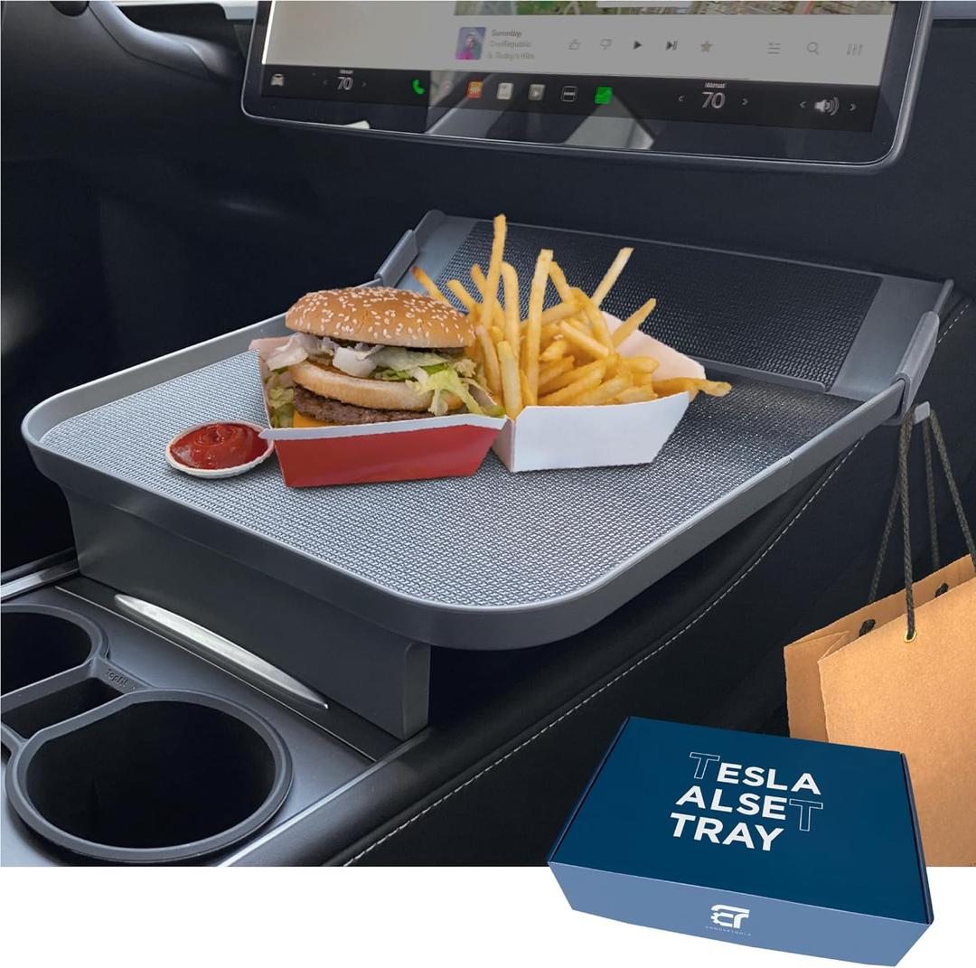 Tesla Model Y Model 3 Accessories 2020 to 2026, Car Eating Food Table Alset Tray, Center Console Organizer, for Autopilot, Road Trips. Anti-Slip Mat for Stability. (Tray ONLY)