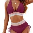 Blooming Jelly Womens High Waisted Bikini Sets Color Block Tummy Control 2 Piece Swimsuits 2025 (S, Purplish Red)