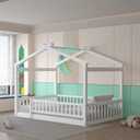 Merax Full Size Wooden House Bed with Fence, Wood Bed Frame with Roof and Safety Guardrail for Kids, Teens, Boys or Girls, 57" L x 62.9" W x 79.5" H, White