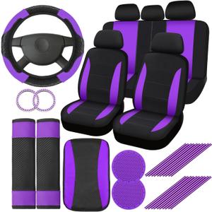 29 Pcs Car Seat Covers Full Set Include Car Seat Protectors, 2 Cup Mat, Steering Wheel Cover, 2 Shoulder Pads, Armrest Pad, 2 Stickers, 20 Air Conditioner Decoration Strip for Women Men (Purple)