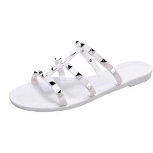 Women Flats Sandals, Studded Jelly Shoes Size 9 Red Dressy Summer Beach Rivets Strappy Jellies Slide Slip On Open Toes (8, White)