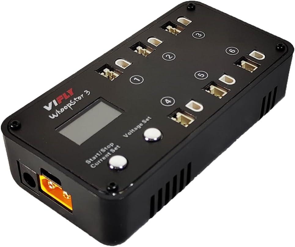 VIFLY WhoopStor V3 6 Ports 1S LiPo Battery Storage Charger and Discharger with LCD Display Tiny Whoop Charger with PH2.0 and BT2.0 Connectors (Black)