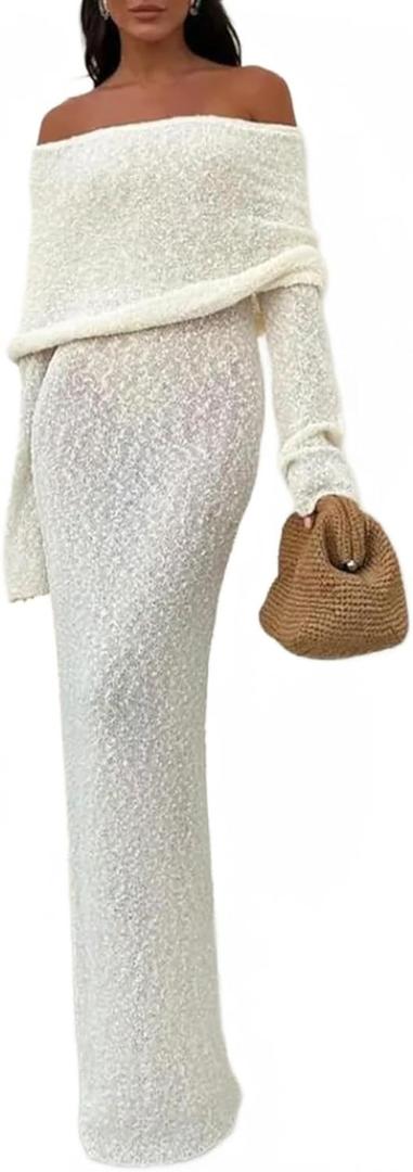 Women Sexy Off Shoulder Maxi Dress Long Sleeve Knit Crochet Bodycon Ruched Mesh Beach Vacation Party Sweater Dresses (Medium, White)