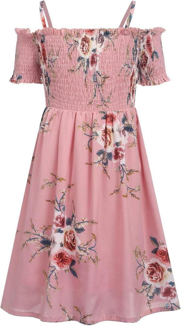 Arshiner Girls Casual Summer Floral Sleeveless Sundress Holiday Cami Dress (10-11 Years, Pink)