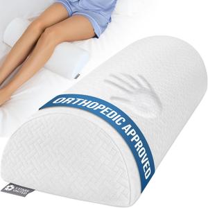 5 STARS UNITED Knee Pillow for Back Sleeping  Memory Foam Cushion for Sciatica Pain Relief  Under Leg Support for Sleeping on Back  Half Moon Bolster for Bed, White