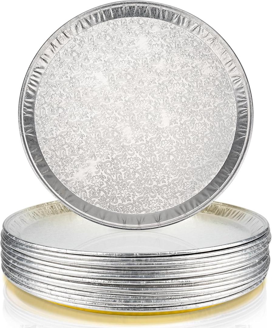 15 Pack 16 Inch Golden Embossed Foil Pizza Pans, Disposable Heavy Duty Aluminium Foil Serving Platters for Bakery, Cookies, Slices of Cake, Fruit, Catering Trays for Parties & Buffet