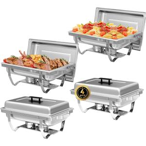 4 Pack Chafing Dish Buffet Set, 8QT Stainless Steel Rectangular Chafers and Buffet Warmer Sets for Catering, with Food & Water Pan, Lid, Foldable Frame, Fuel Holder for Event Party Holiday (Silver)