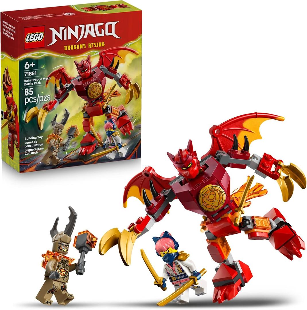 LEGO NINJAGO Kais Dragon Mech Battle Pack Building Toy for Boys, Girls, & Kids, Ages 6+ - Poseable Dragon Figure & 3 Character Minifigures for Pretend Play - Gift Idea for Birthdays - 71851