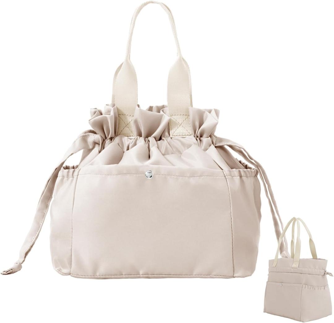 MEXS Lunch Bag for Women Reusable Drawstring Insulated Lunch Box Stain-Resistant Large Cinch Closure Lunch Bags for Work Office (Khaki)