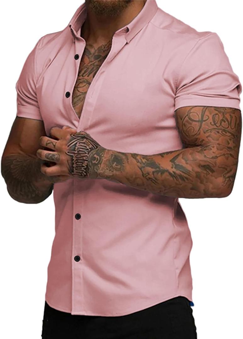 JMIERR Men's Muscle Fit High Stretch Wrinkle-Free Button Down Dress Shirts Summer Casual Short Sleeve Shirt (Pink, S)