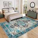 Mueinxiei Washable Vintage Area Rugs 9x12 Large Medallion Pattern Rugs, Non Slip Water Repellent Low Pile Carpet for Living Room Bedroom Dining Room Gemstone Blue