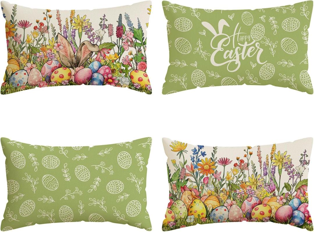 Bunny Ears Eggs Wildflowers Easter Lumbar Pillow Cover Pillow Cases Set of 4 Decorations for Farmhouse Home Sofa Couch Cushion Cover Party Holiday Decor 12x20 Inch