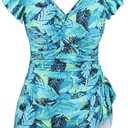 Plus Size Swim Suits for Women One Piece Bathing Suit Modest Swim Dress Tummy Control V Neck Ruffle Swimwear (16W, Deep Green Floral)