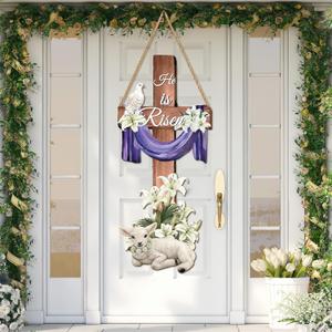 27.6x11.8Inch Large Easter Door Sign He Is Risen Hanging Decor Religious Cross Wooden Wreaths for Front Door Ornament Vbs Decorations for Spring Party Sunday School Porch Church Wall Decor