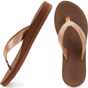 ONCAI Women's Flip Flops Comfortable Summer Beach Thong Sandals for Women with Cushion Walking Arch Support Yoga Mat Indoor Outdoor Soles (9.5, Gold/Brown)