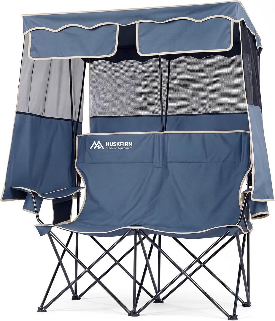 Double Camping Chair with Canopy,2 Person Folding Chair with Canopy, Blue, Standard