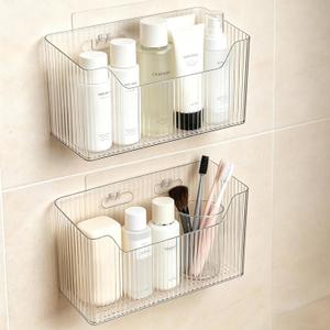 Acrylic Wall Mounted Storage Racks,2Pcs Storage Box Shower Basket, Transparent Plastic Makeup Box Stackable Storage Basket for Kitchen Bathroom Cabinet Pantry and Office, with 2 Back Stickers
