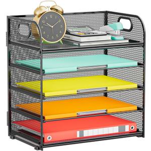 Paper Organizer Letter Tray with Handle, 5-Tier Black Stackable Desk Organizer with Metal Mesh, Sturdy Paper Tray for Office Desk, Home & Classroom Supplies Storage (12.6" x 9.1" x 13.4")