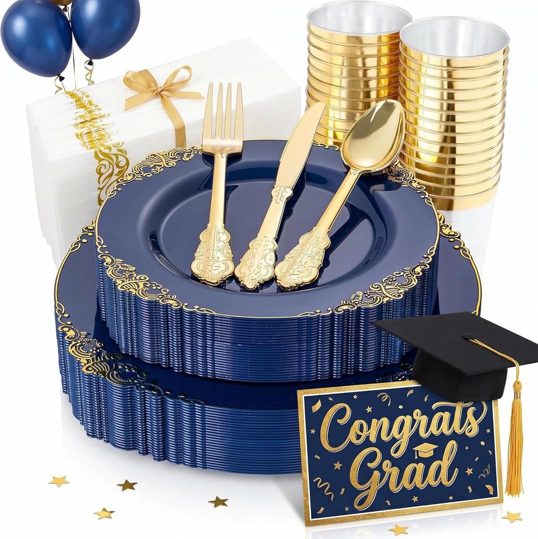 Nervure 175PCS Blue Plastic Plates - Blue Gold Plastic Dinnerware Set Disposable Include 50 Plates for Dinner and Dessert, 25Knives, 25Spoons, 25Forks, 25Cups, 25Napkins for Weddings & 4th of July (Navy)