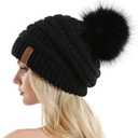 QUEENFUR Women Knit Slouchy Beanie Chunky Baggy Hat with Faux Fur Pompom Winter Soft Warm Ski Cap (A2-black)
