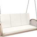 YITAHOME Outdoor Porch Swing, 3-Seater Patio Swing Chair with 4 Comfort Cushions, Sturdy Iron Frame, 800lbs Capacity, Wicker Hanging Bed for Backyard, Garden, Patio, Bedroom (Beige)