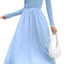 Women's Fall Ribbed Knit Two Piece Outfit Long Sleeve Top & High Waist Pleated Midi Skirt with Pockets (Blue, S)