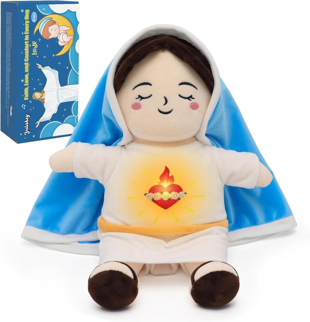 Yelakey Breathing Plush Virgin Mary Doll 15" Soothing Guardian Angel with Light & Sound, Baptism Plushie Toy Gifts for Kids for Christening Religious Easter (White)