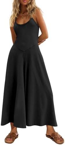 Cicy Bell Womens Casual Wide Leg Jumpsuits Summer Spaghetti Strap Sleeveless Cut Out Loose Long Pant Rompers with Pockets L