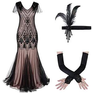 Women's 1920s Flapper Dress Vintage Great Gatsby Party Dress Fringe Sequin Maxi Evening Cocktail Dresses Lady Floor Length Long Prom Formal Wedding Dance Gown with 20s Accessories Set Black + Pink XL