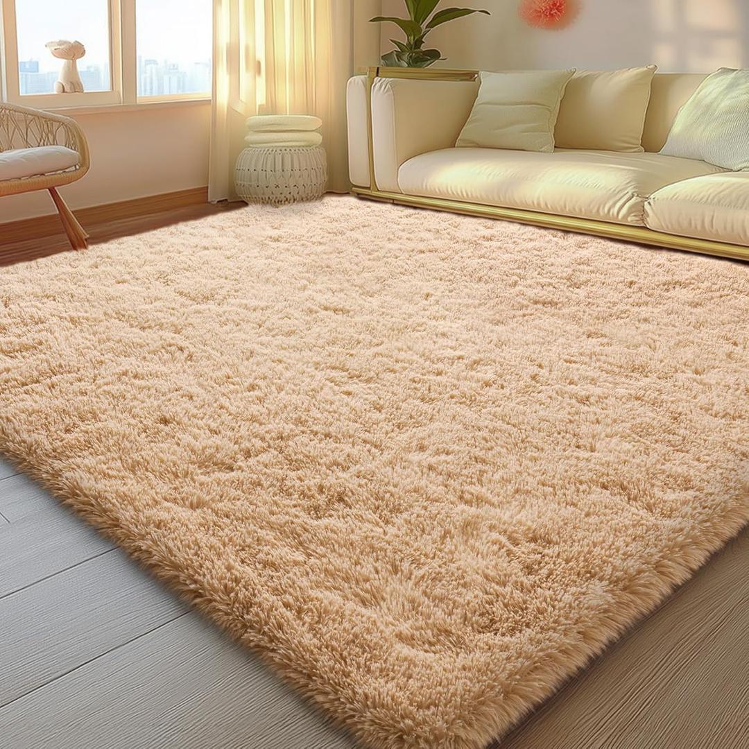 5x7 Rugs for Living Room, Large Fluffy Area Rugs for Bedroom, Soft Carpet Shag Kids Rug with 4 Non-Slip Rug Pads (Light Tan, 5ft x 7ft)