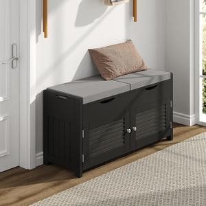 ChooChoo Shoe Storage Bench with Lift Top Storage, Entryway Bench with 2 Cushioned Seats, 3 Compartments, Adjustable Shelf, Shoe Cabinet for Entryway, Bedroom, Living Room, Black (13.78"D x 29.53"W x 19.69"H)