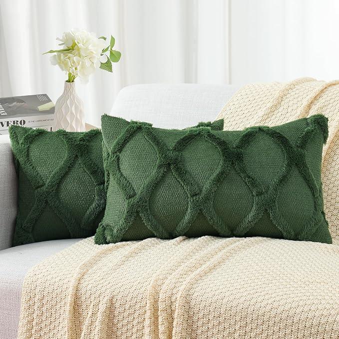 decorUhome Summer Throw Pillow Covers 12x20 Inch Set of 2, Soft Plush Faux Fur Wool Lumbar Sage Green Accent Couch Pillow Covers for Modern Farmhouse Bed Sofa Living Room