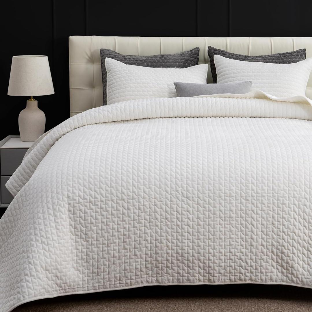 Powdion Velvet Quilt Queen Size, Oversized Bedspread Quilted Bedding Set, Luxurious Soft Coverlet Set Lightweight Velvet Comforter for All Season with Pillow Shams, 90x96 Striped White