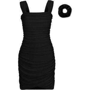 EXARUS Girls Party Dress with Built in Bra Teen Ruched Bodycon Mesh Front Wrap Hem Tween Dance Tight Mini Pencil Dresses (12 Years, Black)