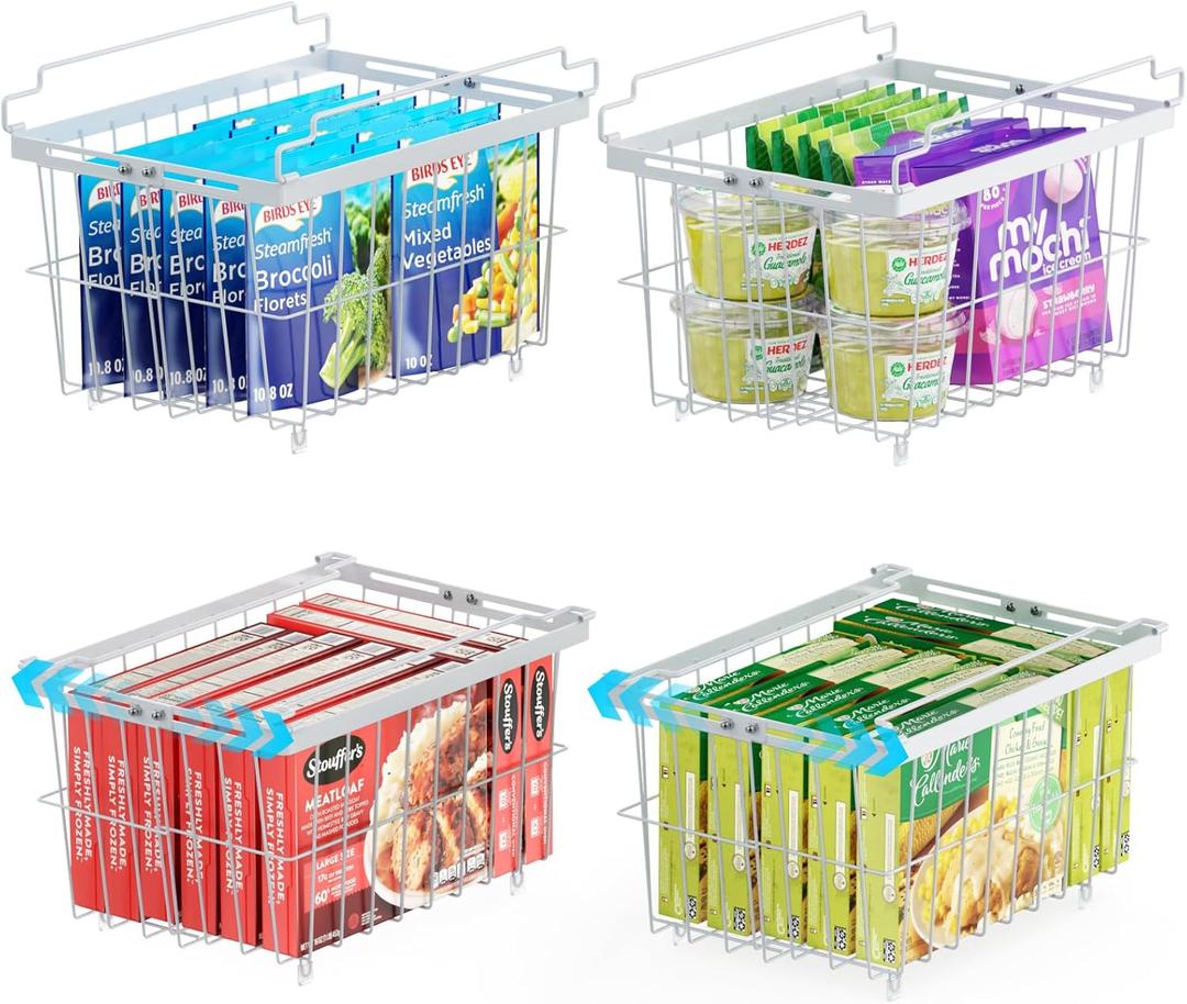 Ispecle Freezer Organizer Bins - 4 Pack Adjustable Width for 5 to 7 Cu.Ft Chest Freezers, Stackable Wire Storage Baskets for Deep Freezer Organization, Assembly Required, White